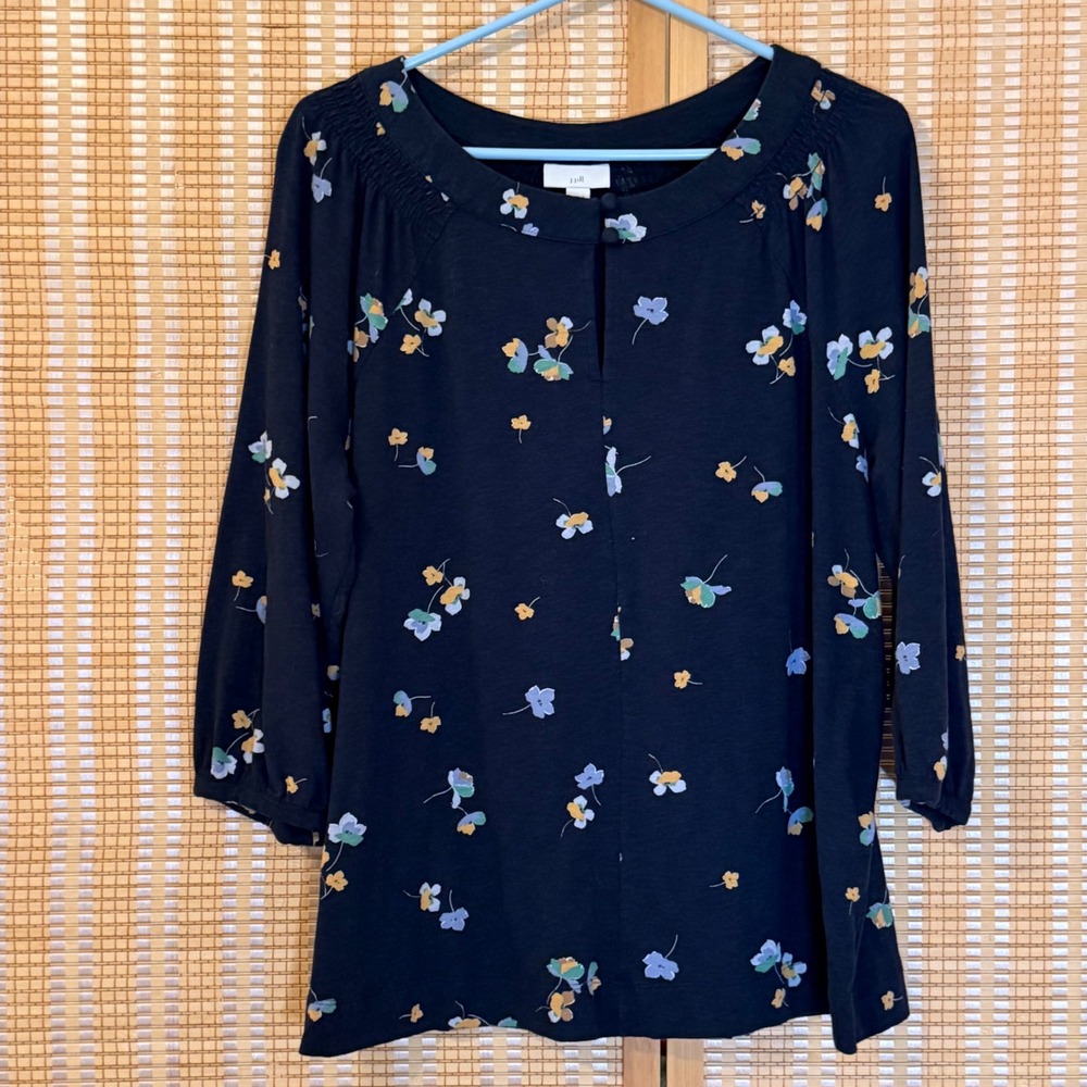 J. Jill Womens Navy Blue Floral Tencel Cotton Knit Blouse Smocked Top Size M